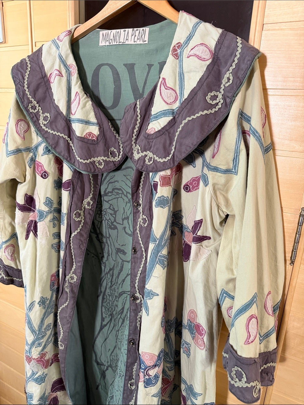 Magnolia Pearl Cream Duster with Purple Embroidery